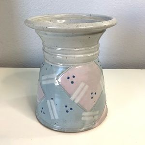 Vintage 1987 Cunningham Pottery Abstract Ceramic Vase Blues Pink & Purple